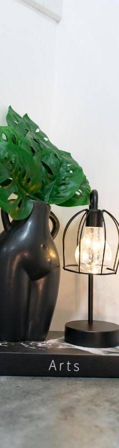 a lamp and a vase with a plant on a table at Heart Of Nicosia - The Gem in Nicosia
