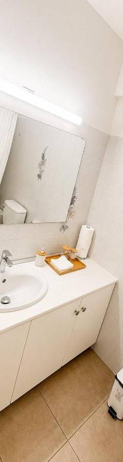 a bathroom with a sink and a toilet and a mirror at Theo 302 - Comfort 2 Queen Bdr Nicosia with Parking in Nicosia