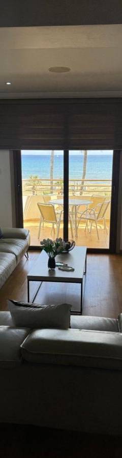 a living room with a couch and a television at Ithaki Phinikoudes Apartment No. 201 in Larnaka