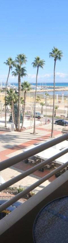 a balcony with a view of the beach and palm trees at Ithaki Phinikoudes Apartment No. 204 in Larnaka