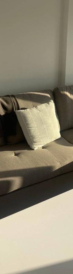 a brown couch with pillows and a table in a room at Alex Beach Apartment 34 in Larnaka