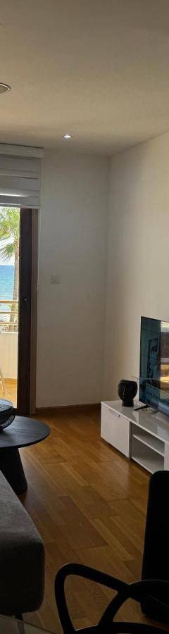 a living room with a couch and a television at Ithaki Phinikoudes Apartment No. 202 in Larnaka