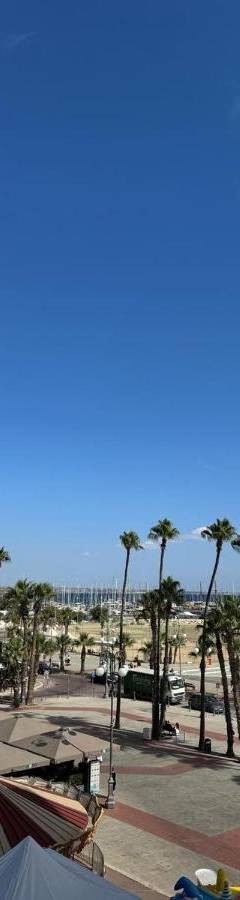 a view of a beach with palm trees and the ocean at Ithaki Phinikoudes Apartment No. 205 in Larnaka