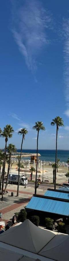 a view of a beach with palm trees and the ocean at Ithaki Phinikoudes Apartment No. 205 in Larnaka