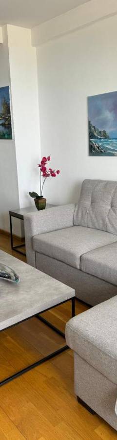 a living room with a couch and a table at Ithaki Phinikoudes Apartment No. 102 in Larnaka