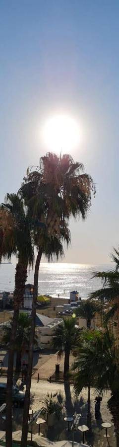 a view of a beach with palm trees and the ocean at Ithaki Phinikoudes Apartment No. 102 in Larnaka