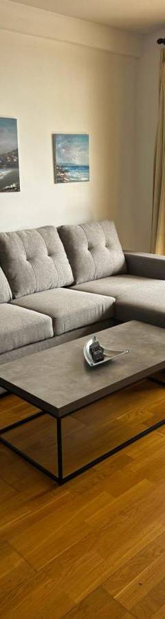 a living room with a couch and a coffee table at Ithaki Phinikoudes Apartment No. 102 in Larnaka