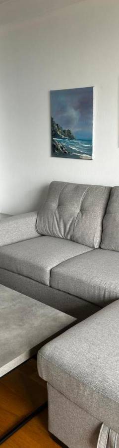 a living room with a couch and a coffee table at Ithaki Phinikoudes Apartment No. 102 in Larnaka