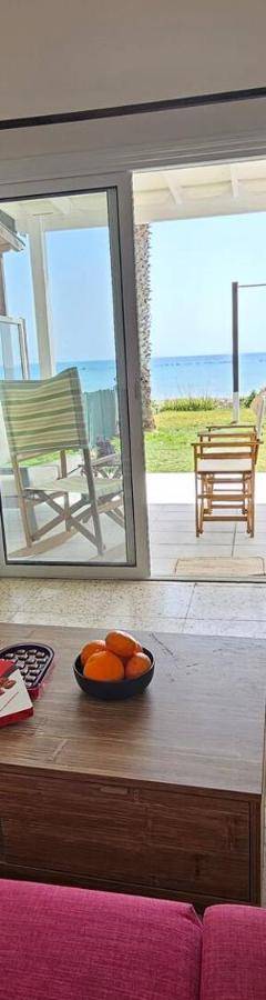a living room with a couch and a tv and a table at Ammos Beachfront Villa Paradise in Larnaca