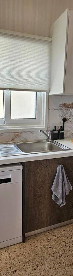 a kitchen with white cabinets and a sink at Ammos Beachfront Villa Paradise in Larnaca