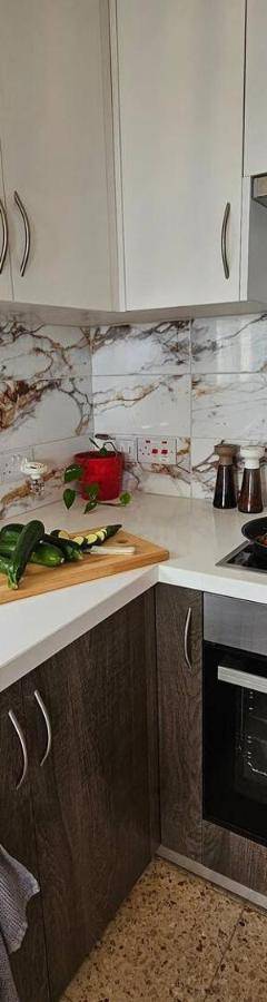 a small kitchen with a sink and a stove at Ammos Beachfront Villa Paradise in Larnaca